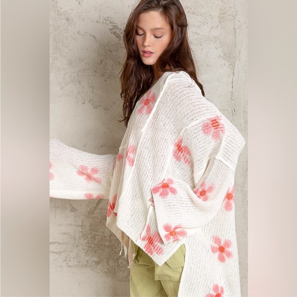 POL - Flower Print Hooded Lightweight Knit Sweater Hoodie - Picture 2 of 11